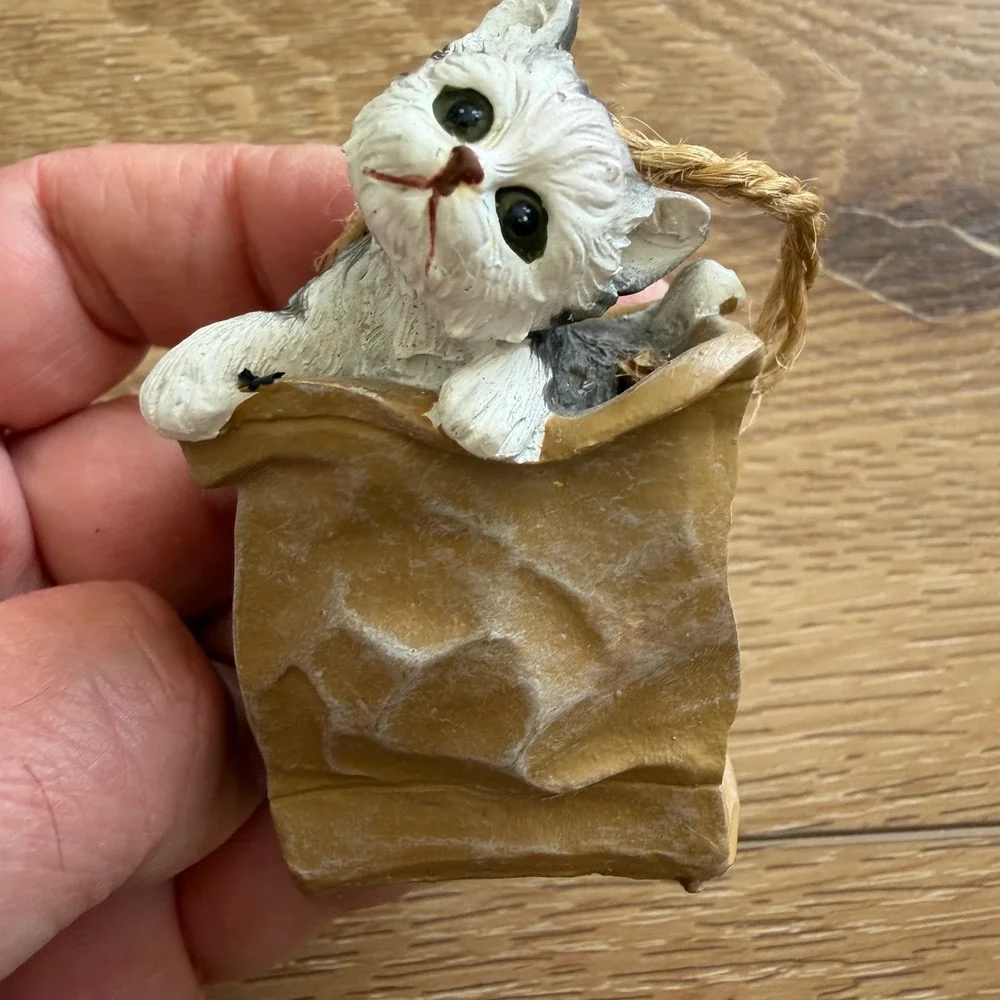 Vintage Resin Kitten in Paper Bag Figurine Ornament White Grey Cat Marked